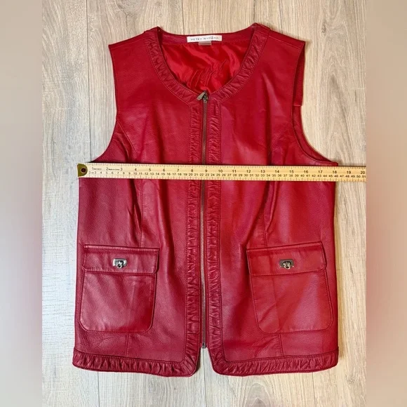 Peter Nygård Women’s Red Genuine Leather Zip Vest Size L Pockets, Stretch Back - Picture 10 of 14